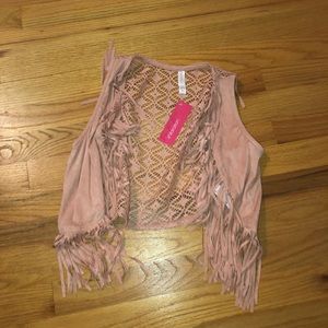 Pink Fringe Sleeveless Cardigan